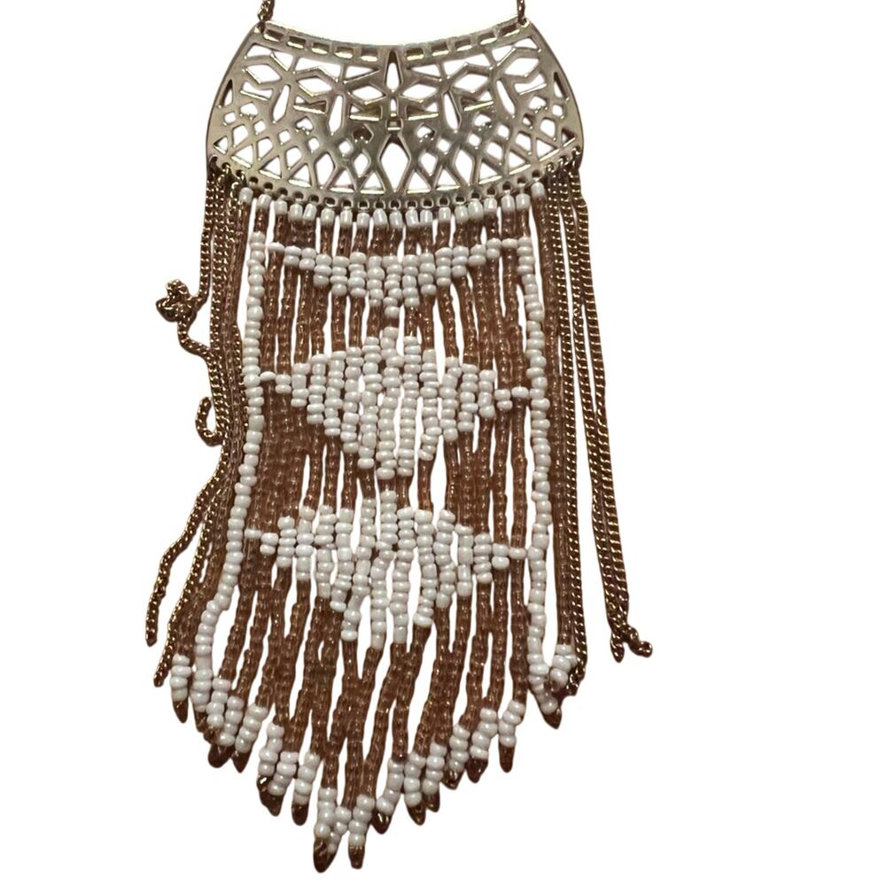 Vtg Stella & Dot Avalon Fringe Necklace Beaded Dangle BIB Gold tone Boho glam
